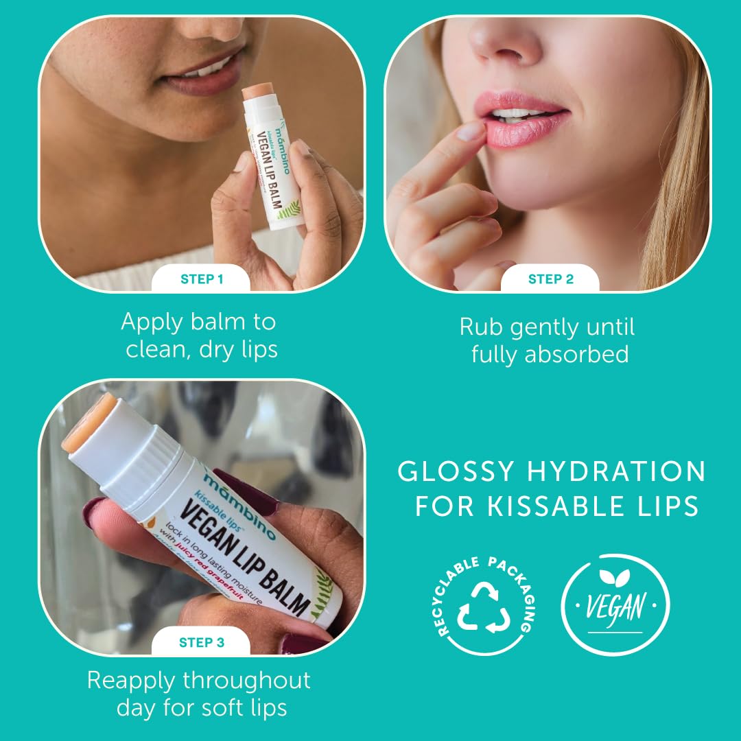 Mambino Organics Kissable Lips Vegan Lip Balm, Glossy Pink Grapefruit Lip Moisturizer, Hydrating Plant-Based Lip Care with Olive & Jojoba Oils, Clean Beauty Lip Product, 7 g