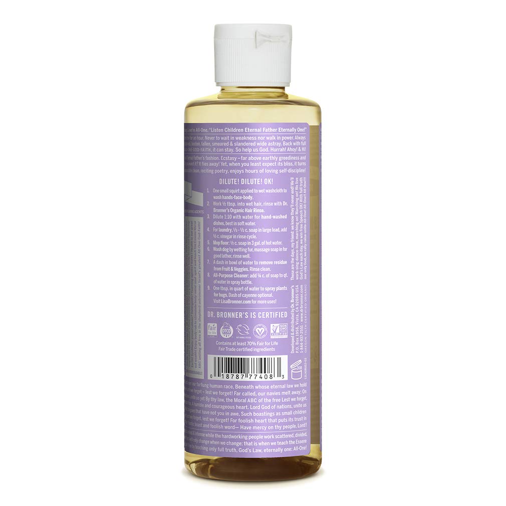 Dr. Bronner's Magic Soap-Pure-Castile Liquid Soap (Lavender, 8 ounce)-Regenerative Organic Certified Oils, 18-in-1 Uses: Body, Hair, Laundry, Pets & Dishes, Concentrated, Vegan, Non-GMO (Pack of 2)