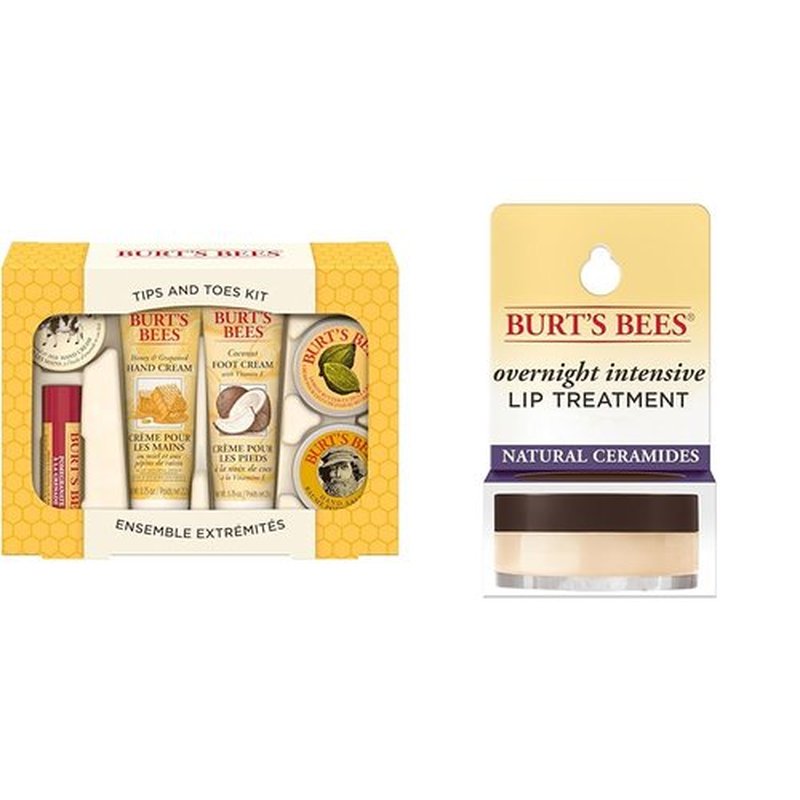 Burt's Bees Easter Basket Stuffers, Tips and Toes Gifts Set, 6 Travel Size Products in Gift Box & Overnight Intensive Lip Treatment, 0.25 oz - Moisturizing, Restorative