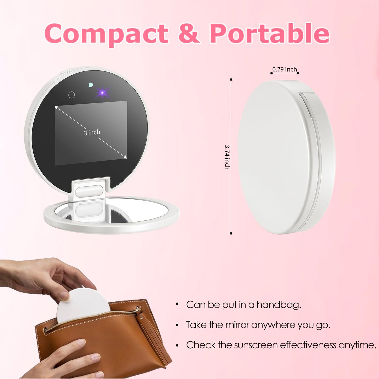 Vanexiss UV Camera for Sunscreen Test UV Mirror Sunscreen Camera, 3.8 Inch Rechargeable 2X Magnifying Vanity Mirror with Light Handheld Double-Sided Pocket Mirror for Skin Protection(White)