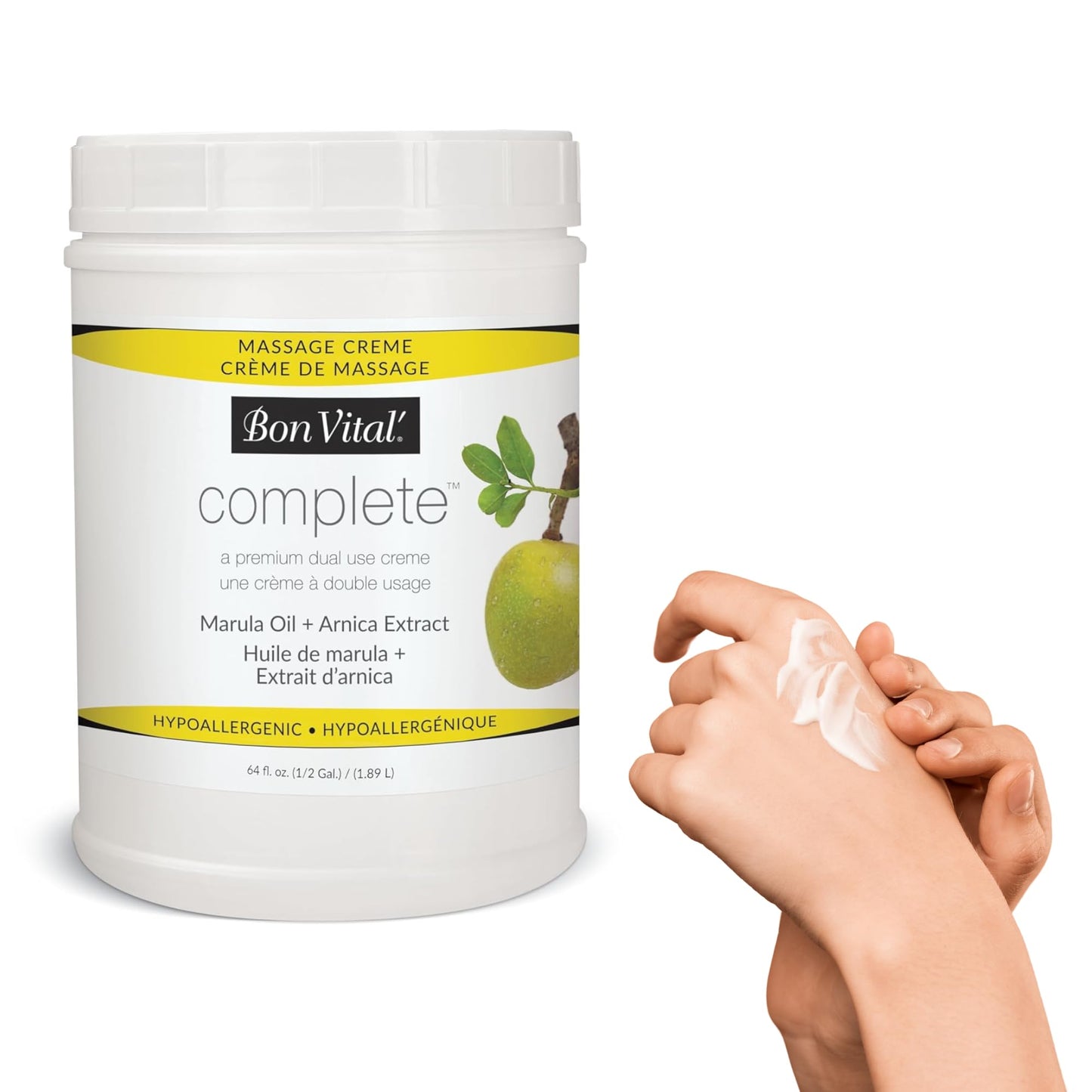 Bon Vital Complete Massage Creme, 5-Gallon, Unscented Non-Greasy Cream with Marula, Olive & Jojoba Oils, Hypoallergenic Moisturizer for Professional or Home Use, Premium Dual-Purpose, Massage Therapy
