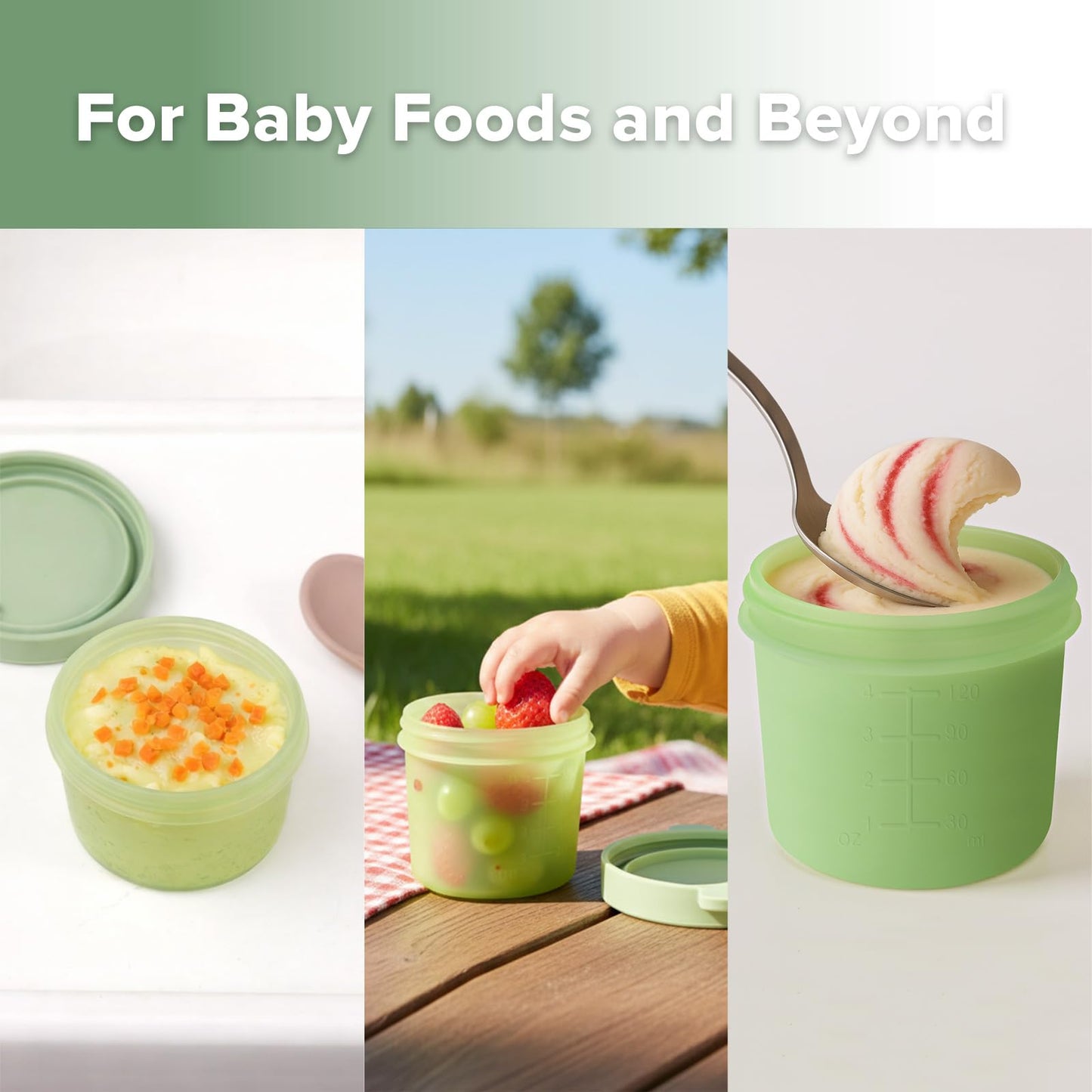 Haakaa Silicone Baby Food Containers, 4oz/120ml Baby Food Jars with Leakproof Animal Lids and Tray, Freezer-Safe Storage for Homemade Purees, Snacks & Meal Prep, 4 Pack, Spring Green Tray