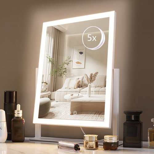 HIEEY Lighted Makeup Mirror, Hollywood Vanity Mirror with Lights, Three Color Lighting Modes, and 5X Magnification Mirror, Smart Touch Control, 360°Rotation (15.2in. White)