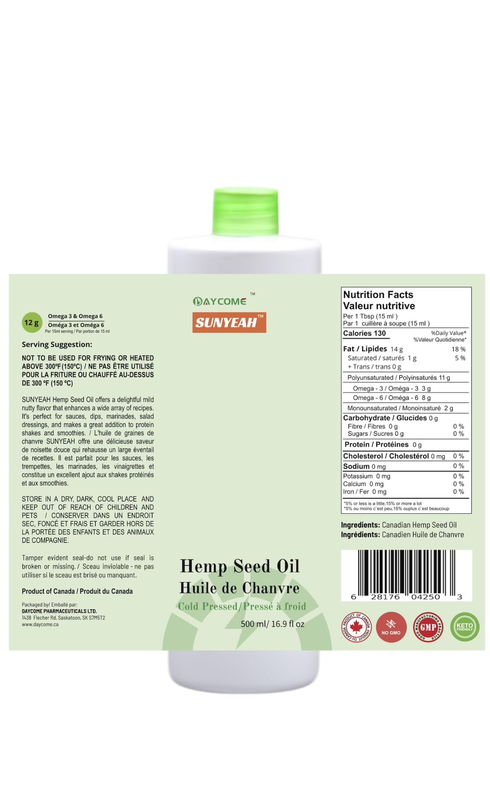 SUNYEAH Cold Pressed Hemp Seed Oil, 500 ml, Canadian, High in Omega 3 & 6, Keto Friendly