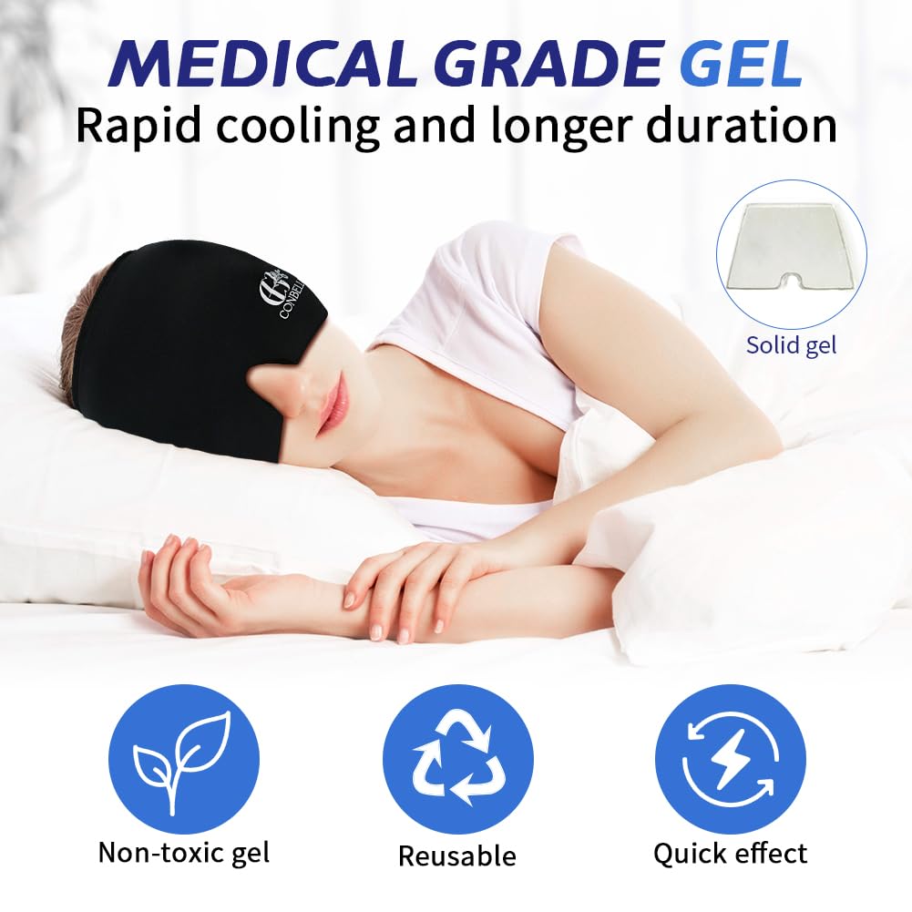 Migraine Relief Cap, Soothing Headache Ice Face Mask Products, Hot and Cold Therapy, Migraine Headache Relief Cap for Migraine, Sinus, Puffy Eyes, Tension, Stress and Hangover(Black)