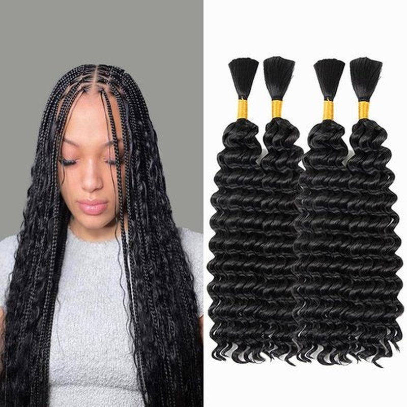 Deep Wave Bulk hair for Braiding No Weft Faux Wet and Wavy 300g Micro Braiding hair Deep Wave Braiding Hair Extensions for Box Boho Braids 14 Inch #1B (2 Pack—4 Bundles)