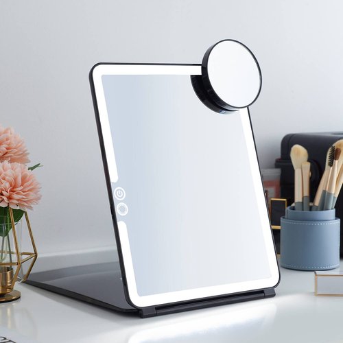 LED Foldable Travel Makeup Mirror - 7x9 inches 3 Colors Light Modes USB Rechargeable Touch Screen, Portable Tabletop Cosmetic Mirror for Travel, Cosmetic, Office (Black)
