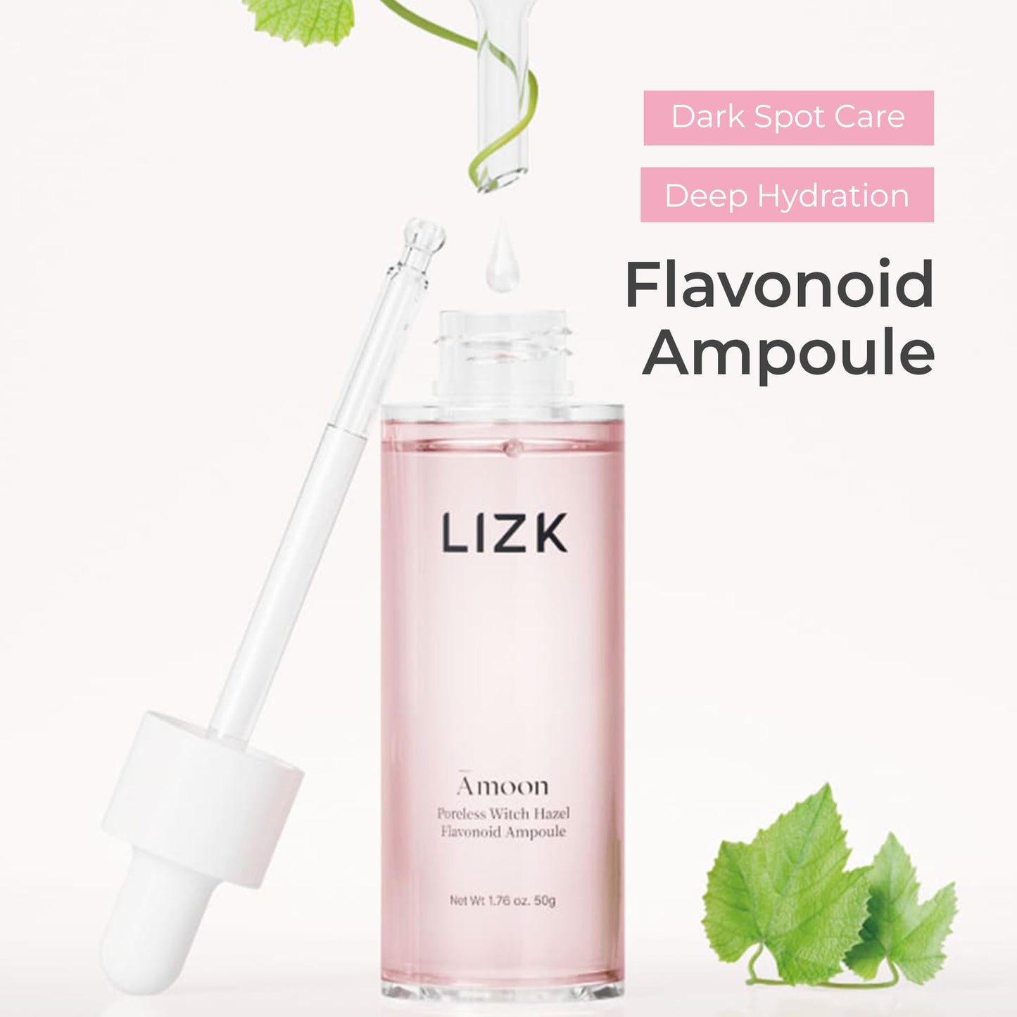 LIZK Amoon Poreless Witch Hazel Flavonoid Ampoule - Skin Hydrating, Revitalizing Effect with Niacinamide, Adenosine, and Panthenol, Smooth, Healthy-Looking Skin, 1.76oz.