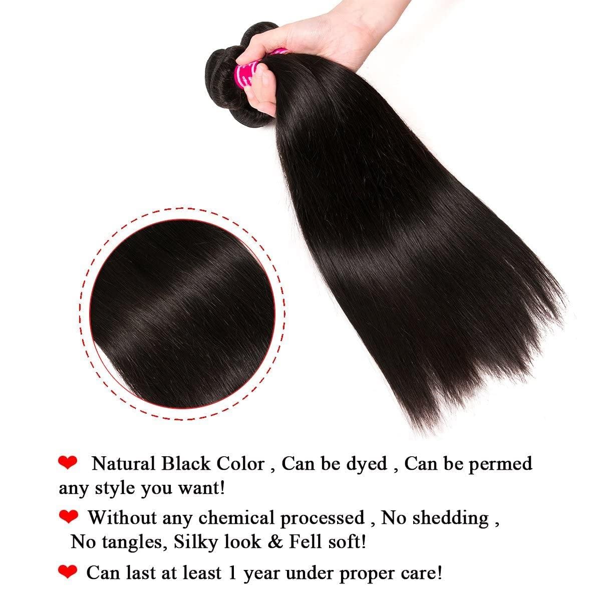 QinMei Virgin Straight Hair 1 Bundles Unprocessed Virgin Straight Brazilian Hair Bundle Remy Human Hair Weave Bundles Natural Black Color(14-inch)