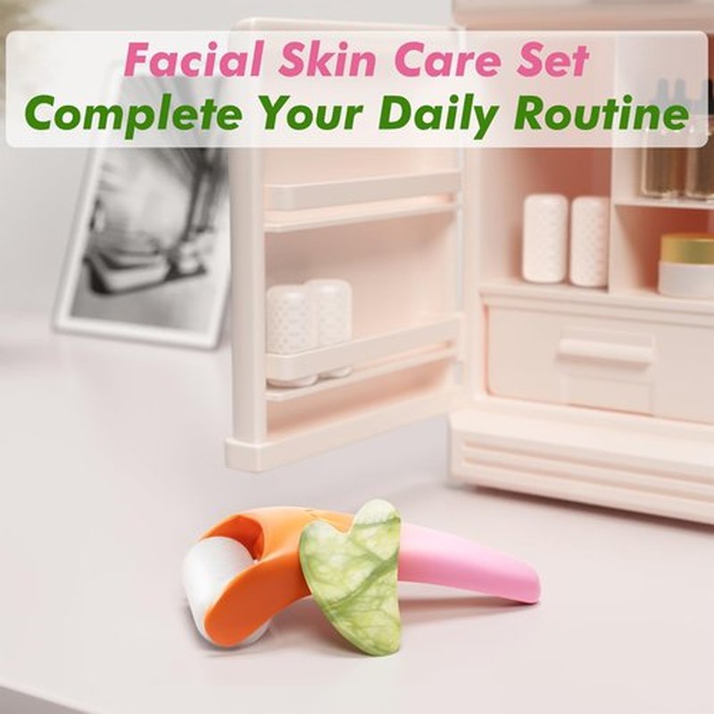 Ice Roller & Gua Sha Set, Skin Care for Face Wrinkles and Puffiness, Self Facial Massage Tools-Orange