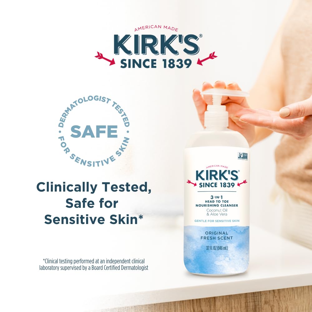 Kirk's Original Fresh 3-in-1 Nourishing Cleanser and Travel Bar Soap, Shampoo Body Wash Bubble Bath, Coconut Oil and Aloe Vera, Vegan Non-GMO, 32 Fl Oz