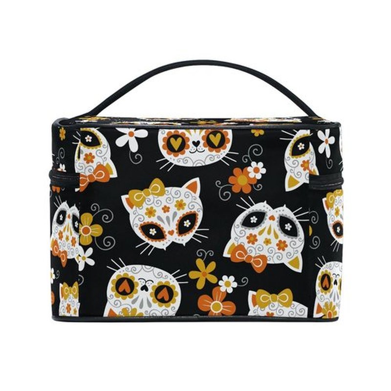 Cosmetic Bag Cat Sugar Skulls Flowers Travel Makeup Organizer Bag Portable Train Case for Women Girls