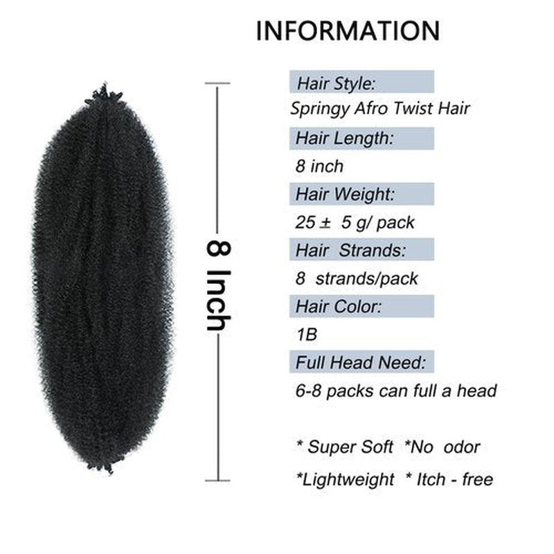 Parceria 8 Packs Marley Twist Braiding Hair 8 Inch Springy Afro Twist Hair Pre-fluffed Spring Twist Hair Kinky Hair Marley Hair for Faux Locs (8 Inch (Pack of 8), 1B# Marley Twist)