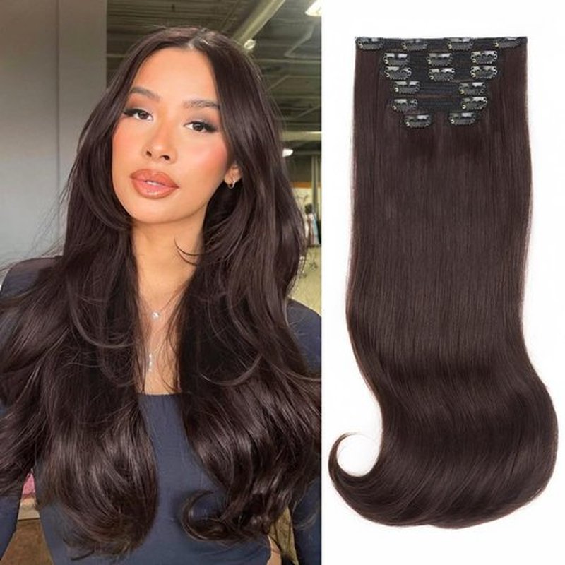 ALXNAN Clip in Hair Extensions, Hair Extensions Thick Long Stright Layered Hair Extensions Dark Brown 20 Inch Soft Lace Weft Hair Extensions for Women