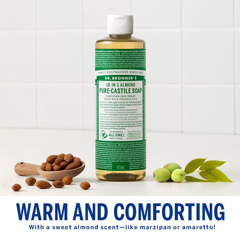 Dr. Bronner's - Pure-Castile Liquid Soap (Almond, 32 ounce) - Made with Organic Oils, 18-in-1 Uses: Face, Body, Hair, Laundry, Pets and Dishes, Concentrated, Vegan, Non-GMO