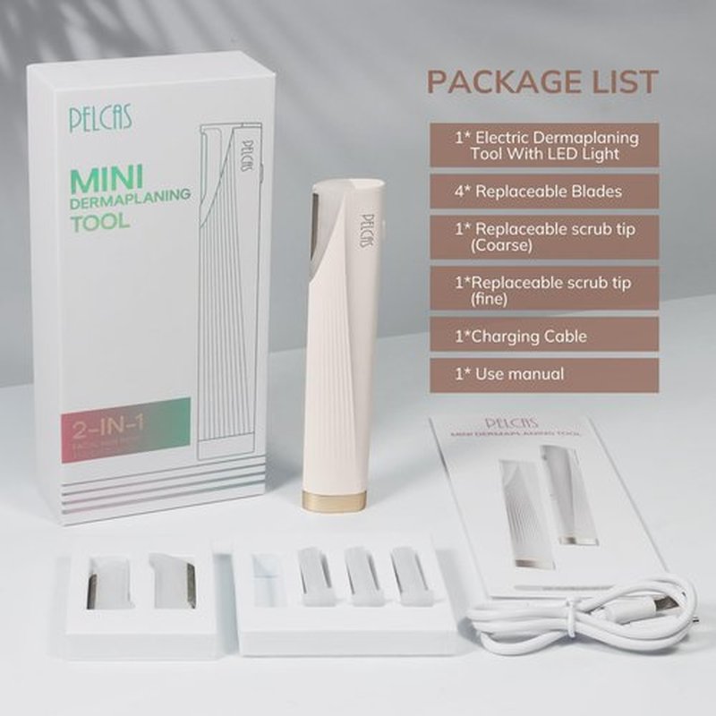 PELCAS Electric Dermaplaning Tool for Face with LED Light, Mini Facial Dermaplaning Razor Kit, Painless 3 Speeds Facial Peach Fuzz & Hair Removal At Home for Women with 6 Blades Off White
