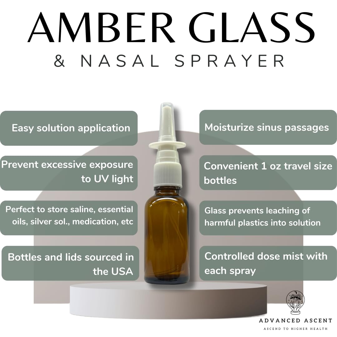 ADVANCED ASCENT Amber Glass 1 oz Nasal Sprayer! EMPTY, Refillable, Travel Sized, Quality Glass for Saline Applications! (2 Pack)