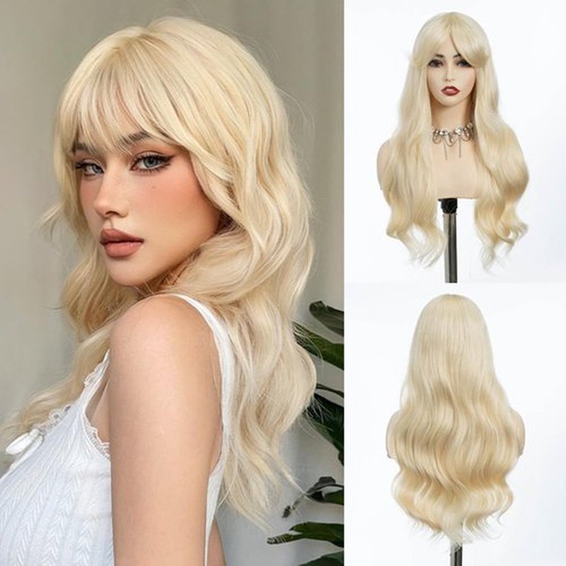 REBECCA STYLE Long Blonde Wig with Bangs 24 Inch Long Wavy Wigs with Bangs for Women Synthetic Curly Wigs Hair Replacement Wigs for Girls Daily Party Use Natural Looking (Blonde)