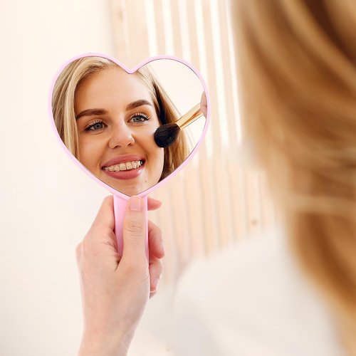 Heart-Shaped Handheld Mirror with Handle, Portable Travel Makeup Hand Mirror Decorative Mini Heart Cosmetic Lash Mirror for Women Girls Valentine's Day (Pink)
