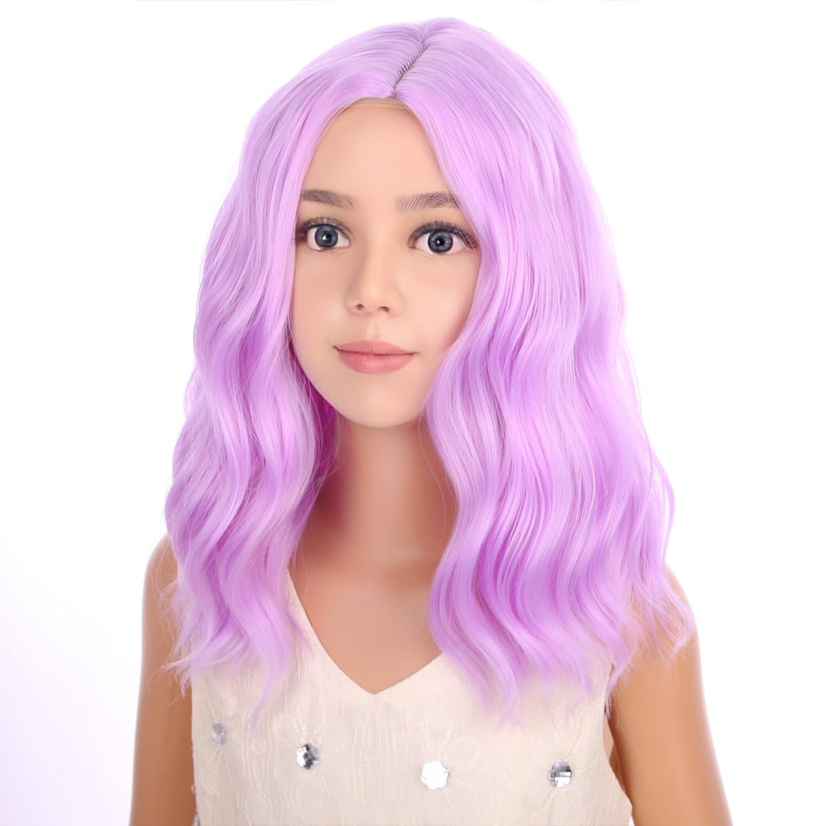 PATTNIUM Kids Child Short Purple Wig Lavender Purple Curly Wavy Wig Short Light Purple Wig Girls Synthetic Hair Wig with Wig Cap