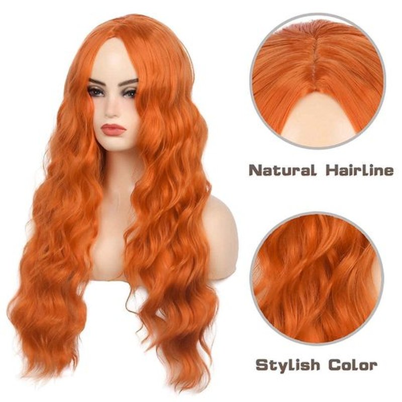 Beweig Long Curly Wavy Orange Wig Middle Part Synthetic Hair Replacement Wig for Cosplay Daily Use