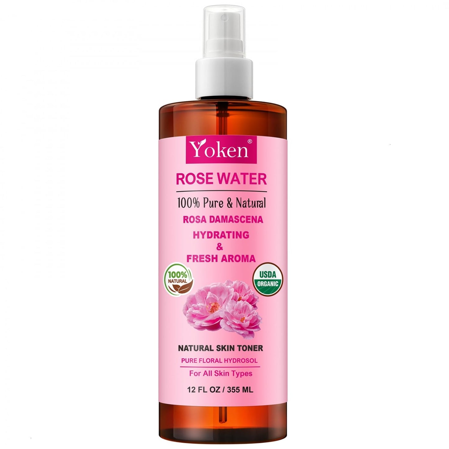 Yoken Organic Rose Water Spray 12oz, USDA Organic Face Mist, Alcohol Free