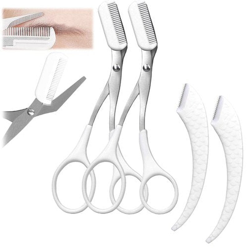 Eyebrow Trimmer Scissor, 2024 Upgraded Stainless Steel Eyebrow Scissors for Women（ or Men ） with Comb，Non-Slip Eyebrow Cutter Hair Removal，Portable Eyebrow Scissors (White 2pc)