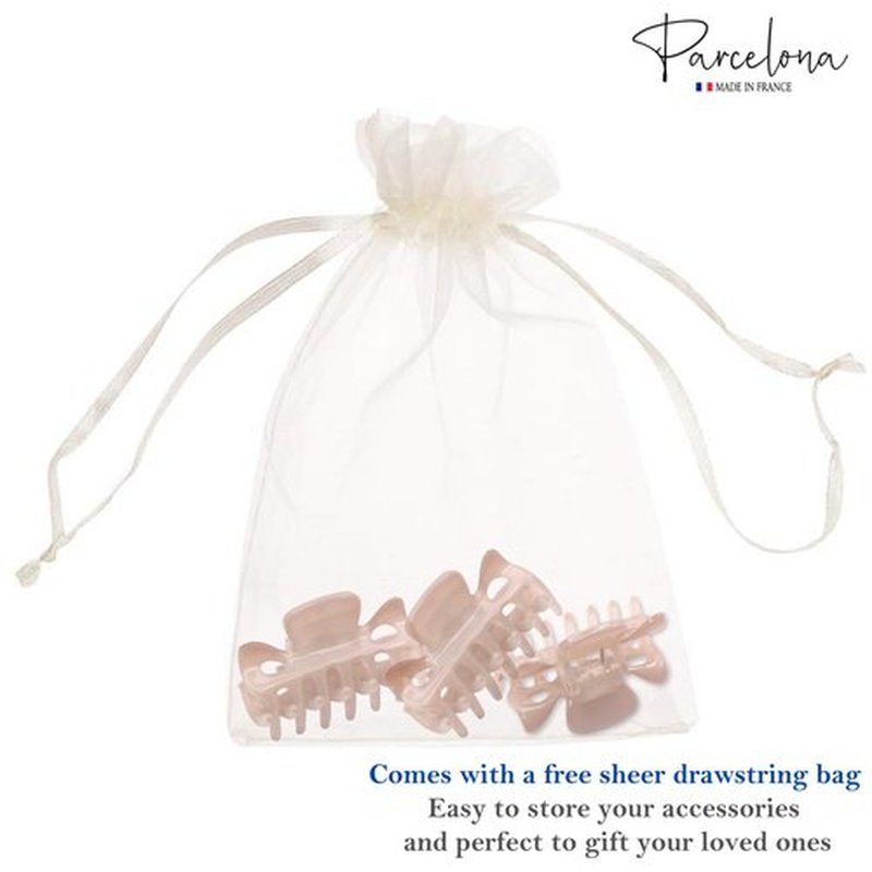 Parcelona French Classic Very Small 1 1/2" Claw Clips with Tight Spring Set of 3 Girls Hair Jaw Claw Clips Durable Styling Women Hair Accessories, Made in France (Blush Pink)