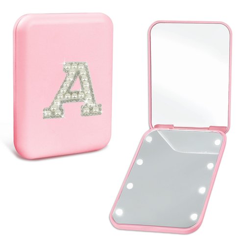 Aganmi Preppy Birthday Gifts for 8 9 10 11 12 13 Year Old Girls Cute Pearl Initial Compact Mirror with Lights Mini LED Pocket Makeup Mirror Teen Girls Trendy Stuff Travel Essentials for Women (A)