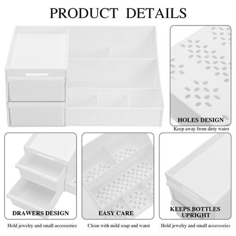POFUOT skin care organizer,Makeup Desk Organizer With Drawers,Countertop Organizer for Cosmetics,Vanity brush with Holder for Lipstick, Brushes, Eyeshadow, and Desktop (Large-White)