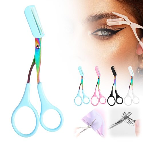 Eyebrow Trimming Scissors, Eyebrow Scissors with Comb, Non-Slip Eyebrow Trimming Razor, Hair Removal Eyebrow Scissors Makeup Tool, Precision Eyebrow Trimming Scissors Gifts for Men Women (B-Blue)