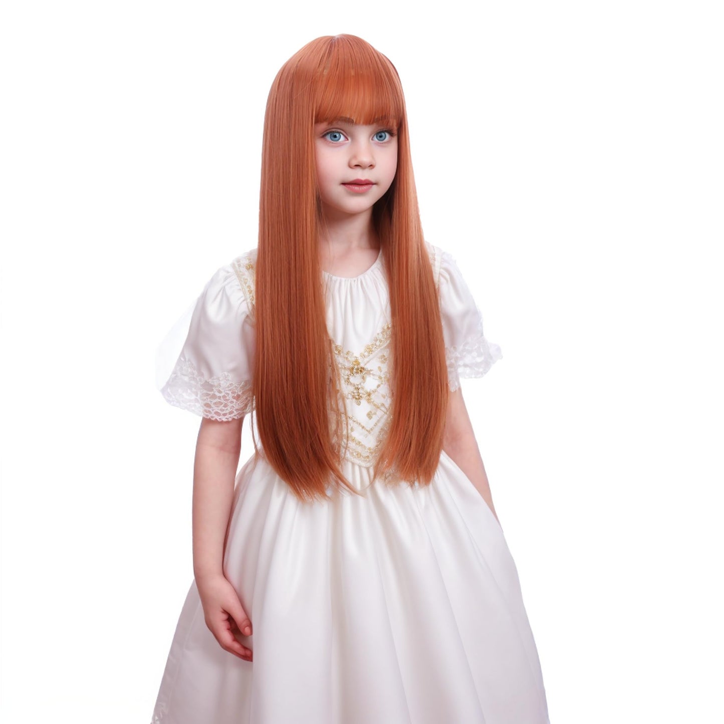 Ufindcos Auburn Wig with Bangs for Kids Long Dark Orange Wig Long Straight Child Wig 22 inches Ginger Wig for Girls Synthetic Wig with Wig Cap