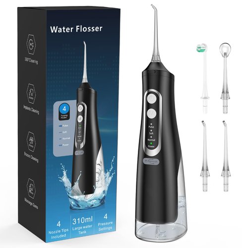 Water Flosser for Teeth Cleaning 4 Modes Rechargeable Oral Irrigator 4 Tips Powerful, (Black)