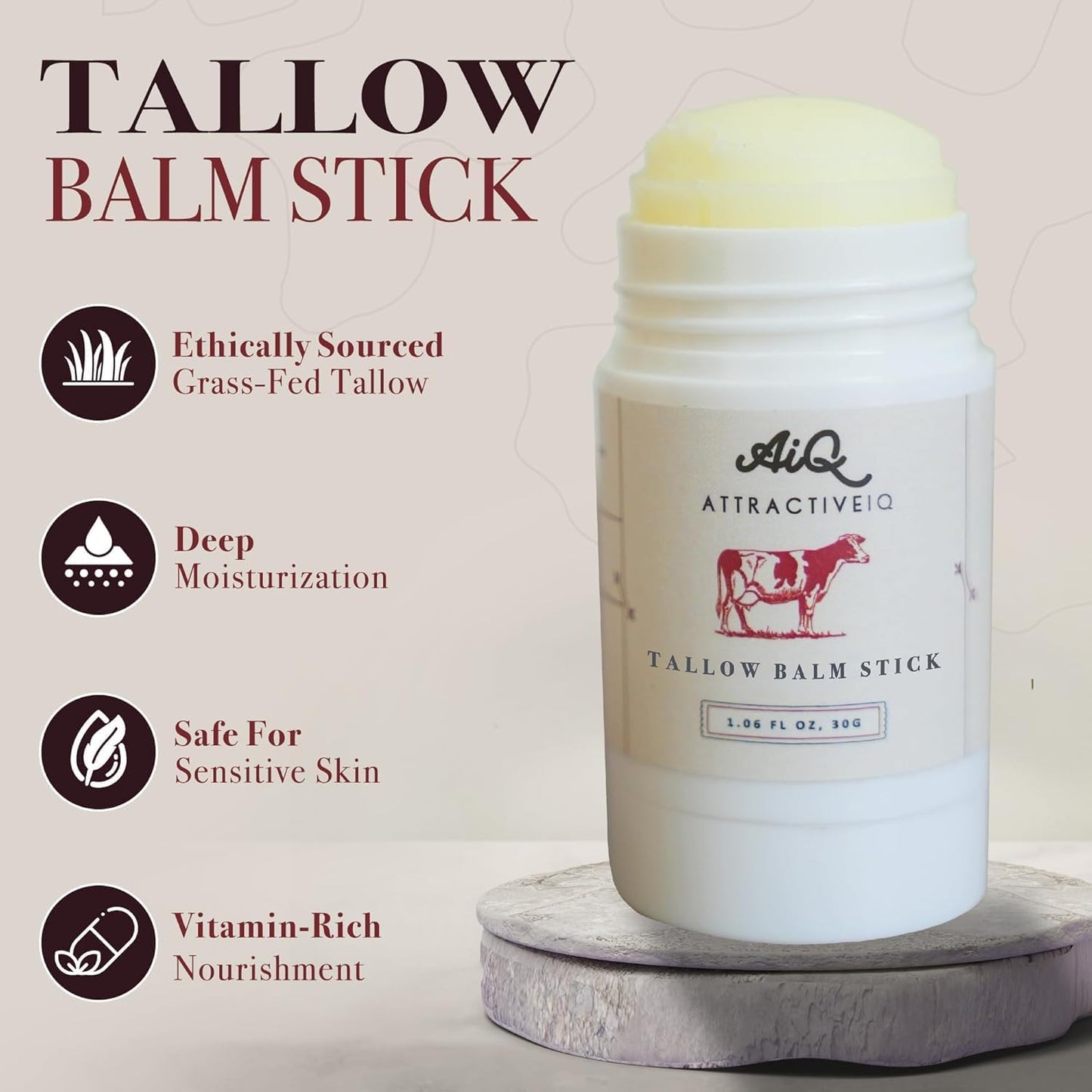AttractiveIQ Beef Tallow for Skin – Grass-Fed Tallow Balm Stick Moisturizer with Raw Honey, Vitamin E & Olive Oil – Natural Face & Body Moisturizer for Dry, Sensitive Skin (1.06 oz)