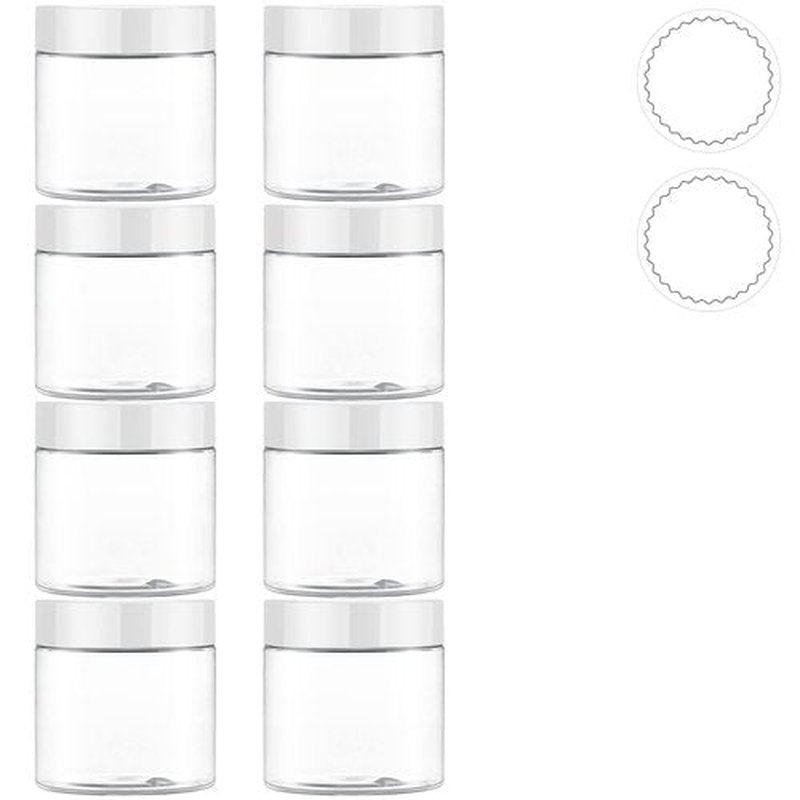 8 Pack 2 OZ Plastic Jars with White Lids Plastic Cosmetic Container, Elumeiro Clear Round Cream Jar Refillable with Stickers for Scrubs, Lotion, Powder, ointment, Makeup, Travel Storage