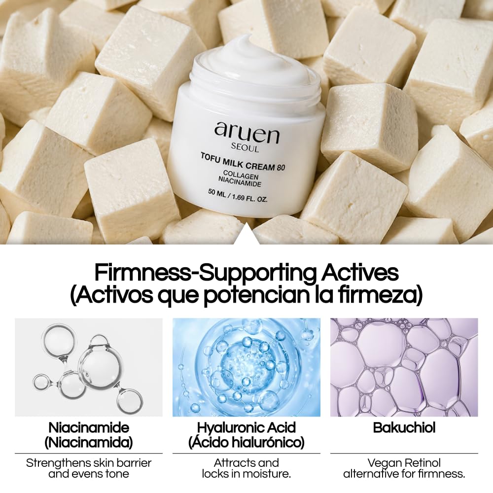 aruen Tofu Collagen Dual-Firming Jelly Cream - 80% Fermented Soy Milk + Bean Essence + Niacinamide - Korean Glass Skin Tightening, Daily Facial Moisturizer (1.69 fl.oz | 50ml)