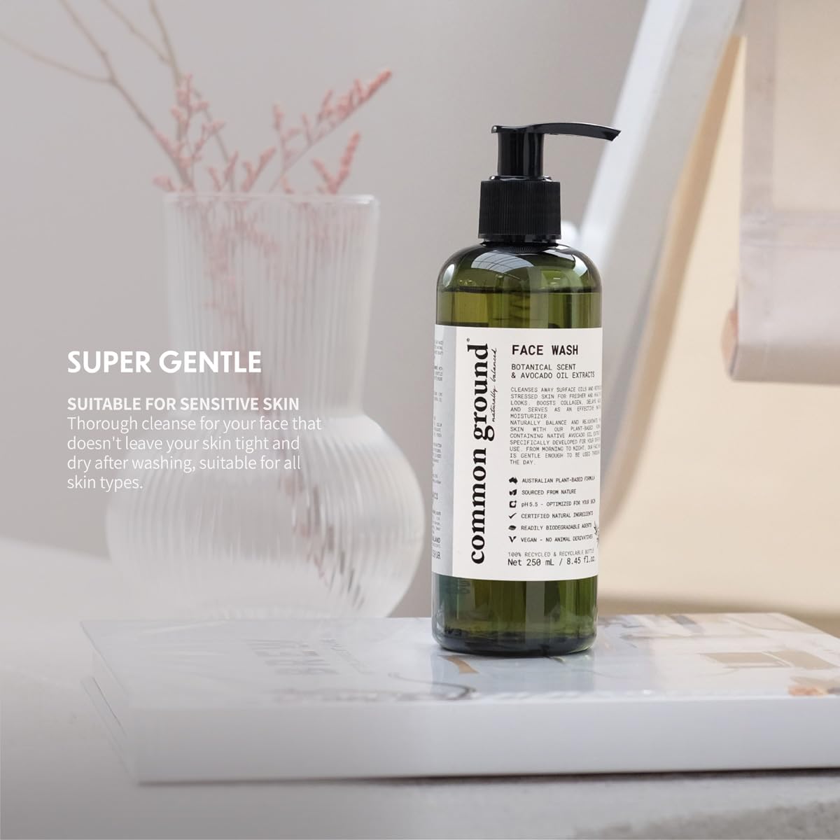 COMMON GROUND Natural Face Cleanser Wash, Paraben & Cruelty Free, Normal, Oily, Dry, Sensitive, Vegan, Plant-Based, pH 5.5, Avocado Oil, Men, Women, 8.4 Fl Oz