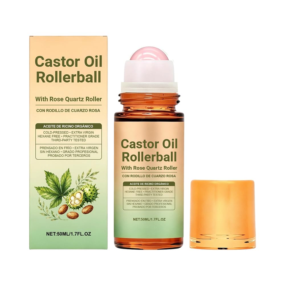 ROVIA 2 PCS Organic Castor Oil Roll On: 100% Cold Pressed Moisturizing Oil with Rose Quartz Roller - for Brows, Lashes, Dry Skin & Face, Travel Friendly Leakproof Roller Bottle