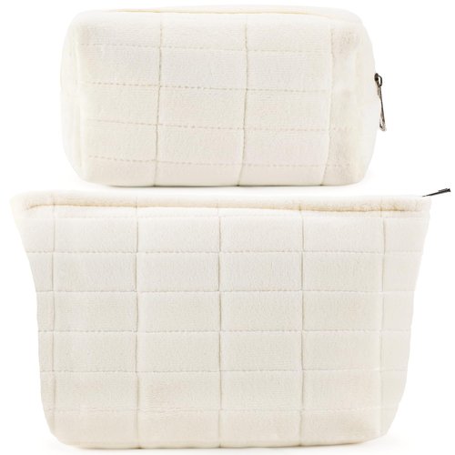 ZLFSRQ 2Pcs Makeup Bag for Women Trendy Large Capacity Cosmetic Bag Plush White Checkered Makeup Pouch for Purse Coquette Zippered Bag Organizer Y2K Aesthetic Accessories Makeup Brushes Storage Bag