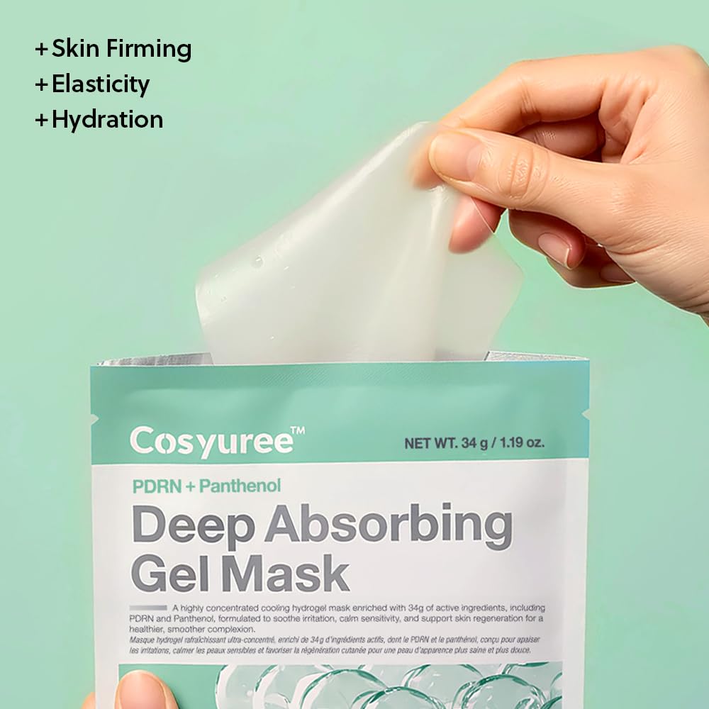 COSYUREE PDRN + Panthenol Deep Absorbing Hydrogel Mask, Korean PDRN Hydrogel Mask, Overnight Face Mask, Hydrating, Glass Skin, Repairing, Korean Skincare, 34g x 4ea