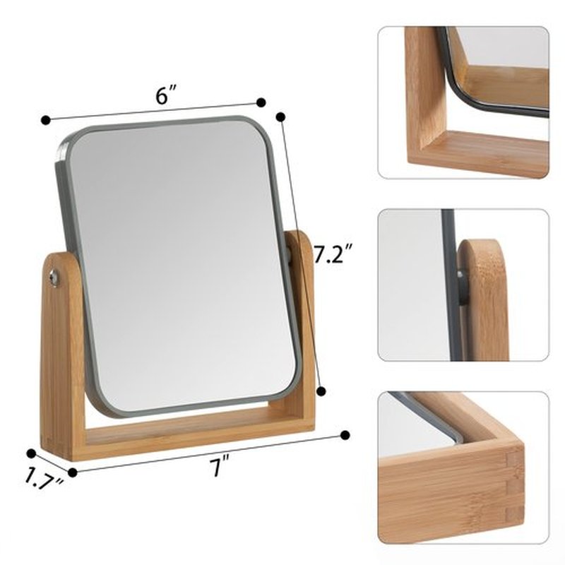 YEAKE Double Sided 3X Magnifying Makeup Mirror with Bamboo Stand,Small Desk Table Mirror with 360° Rotation,Standing Portable Cosmetic Mirror,Good for Shower,Shaving and Traveling-Grey