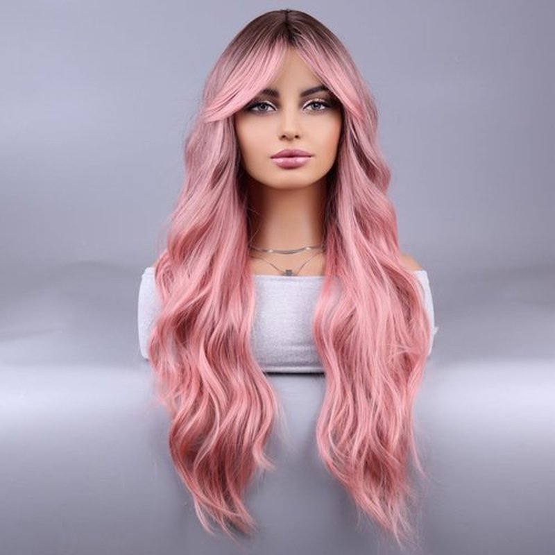 MAGQOO Pink Wig for Women Ombre Pink Wig Long Curly Wavy Pink Wigs Dark Roots Two Tones Synthetic Heat Resistant