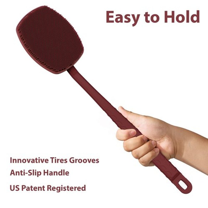 iTokGoK® All New Premium Silicone Back Scrubber with Tire Anti-Slip Long Handle for Shower, Gentle Exfoliating and Massage Brush Scrubber for Sensitive Skin for Men and Women (Burgundy)