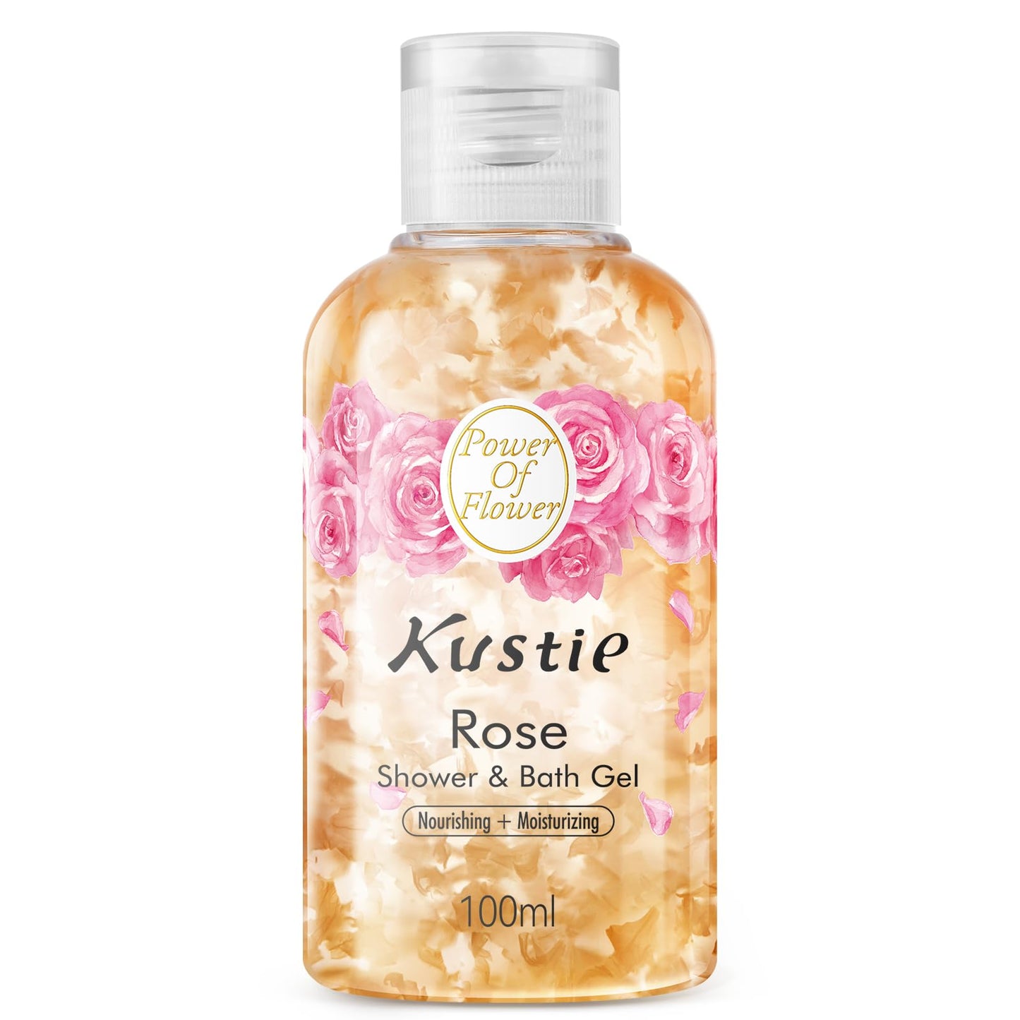 Kustie Rose Body Wash Travel Size – Hydrating Shower Gel with Real Flower Petals, Rose Water & Hyaluronic Acid, Floral Cleanser for Dry & Sensitive Skin, 3.4 fl oz