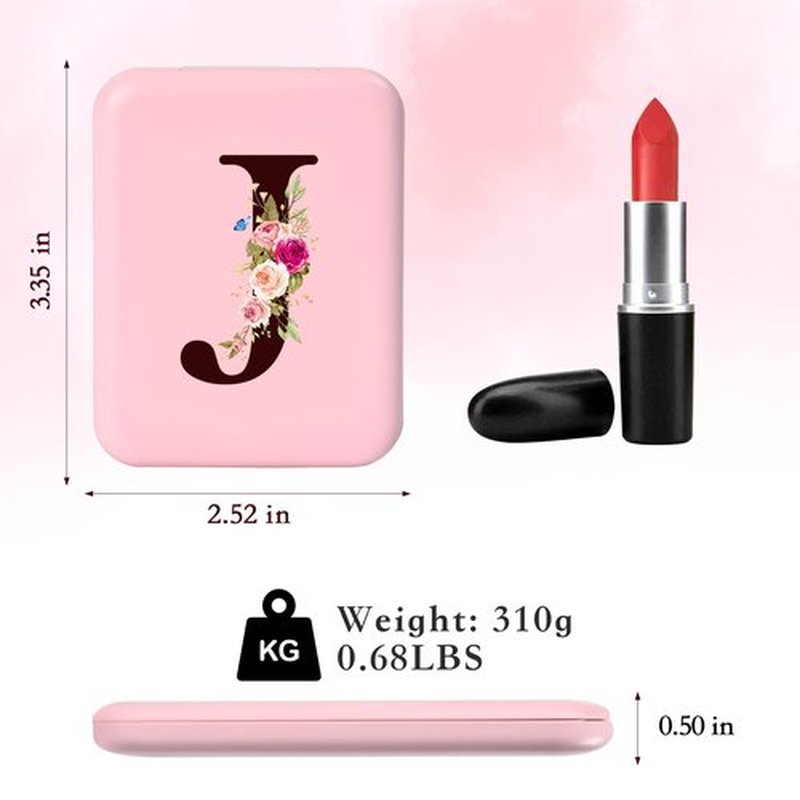 KEWWADB Travel Mirror with Lights, Initials Portable Compact Mirror, Travel Essentials, Suitable for Teen Girls, Young Women Gifts Ideas, Birthdays Gifts(Pink) (J)