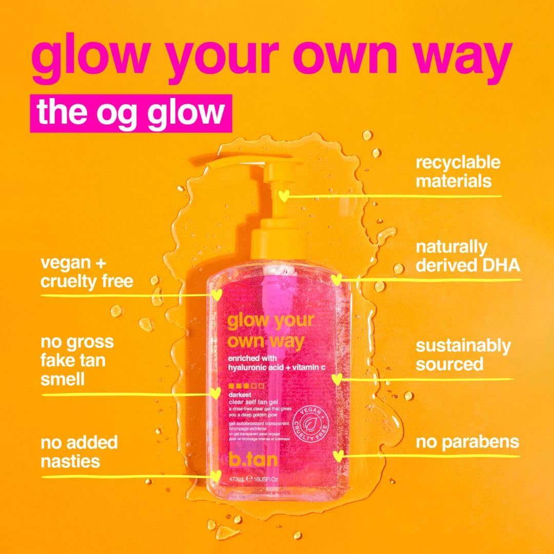 b.tan Best Clear Self Tanning Gel Kit | Glow Your Own Way Bundle - Ultra Dark, Quick Express Tanner for Face & Body with Applicator, No Transfer