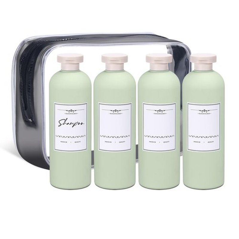ASEVAT 13.5 oz Large Travel Shampoo and Conditioner Bottles, Green Squeeze Bottles for Shampoo, Travel Containers for Toiletries Leak Proof for Lotion, Cream and Liquids (4Pcs)