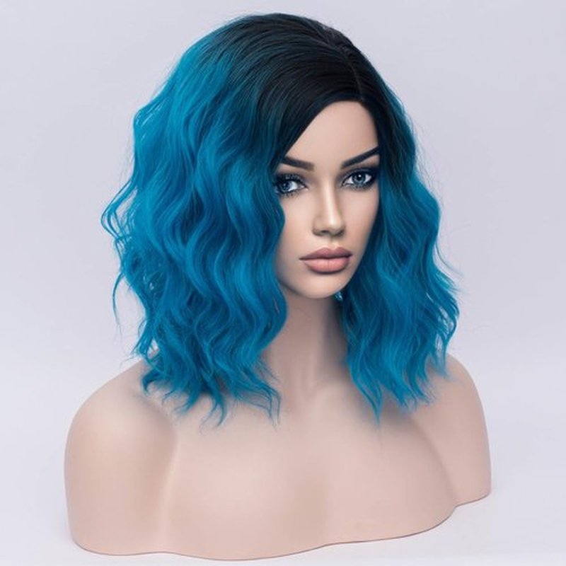 BERON Blue Ombre Wig for Women Girls Black Ombre Blue Short Curly Bob Wavy Wig Dark Roots Blue Color Heat Resistant Synthetic Body Cosplay or Daily Use Wigs