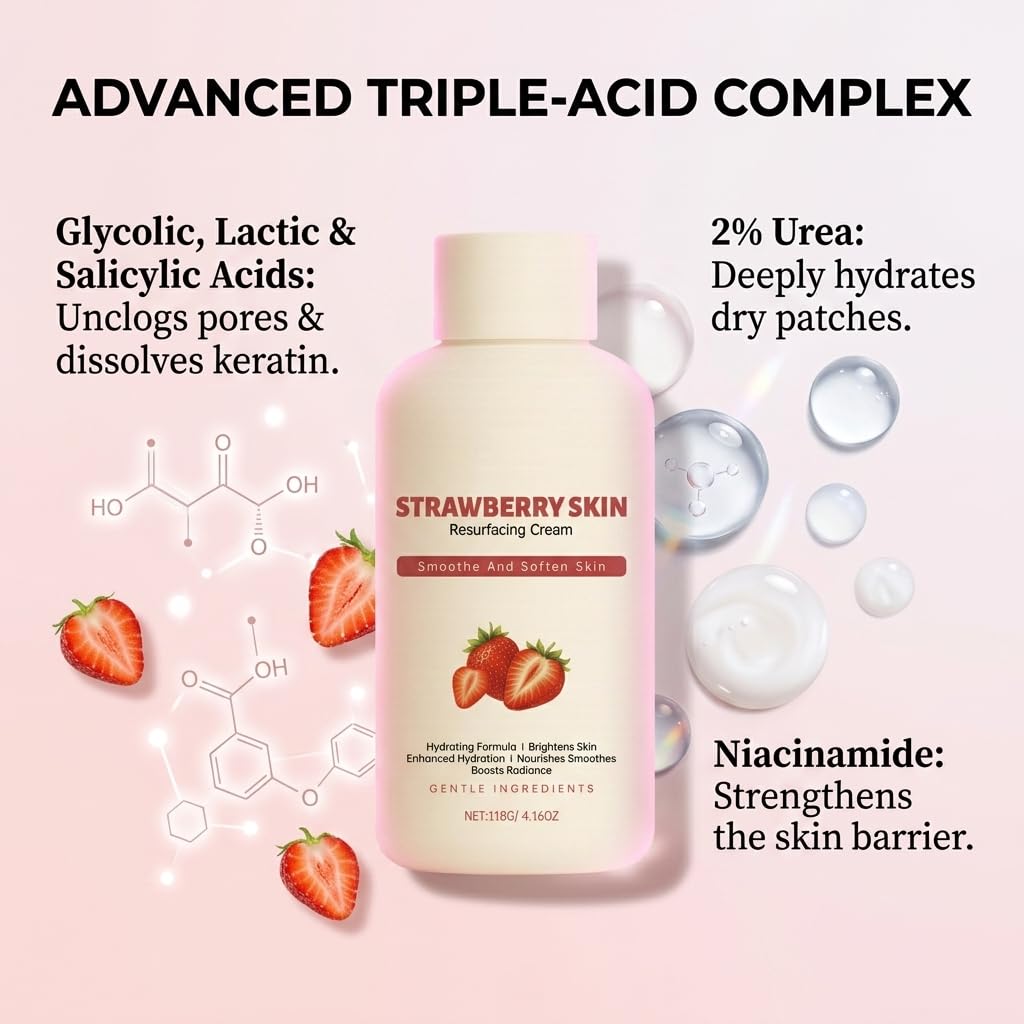 Strawberry Skin Treatment, Trystrawberry Legs Resurfacing Cream, Advanced Triple-Acid Complex For Keratosis Pilaris, Reduce Chicken Skin Bumps