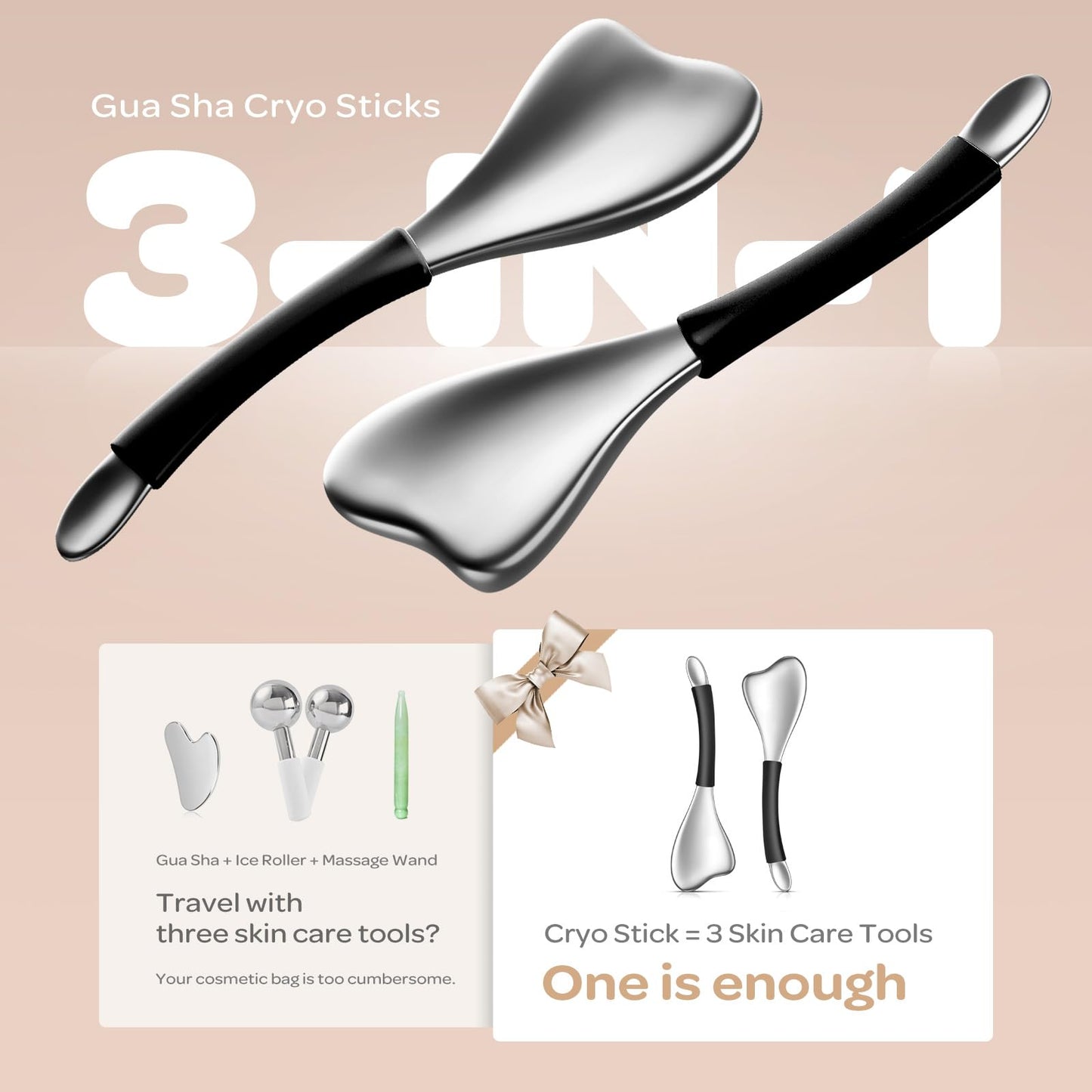 Fabludo 3-in-1 Cryo Gua Sha Facial Tools, Ice Roller Globes for Women Face and Eyes Massager, Unbreakable Stainless Steel Face Sculpting Skin Care Tools, Esthetician Supplies with Carry Case